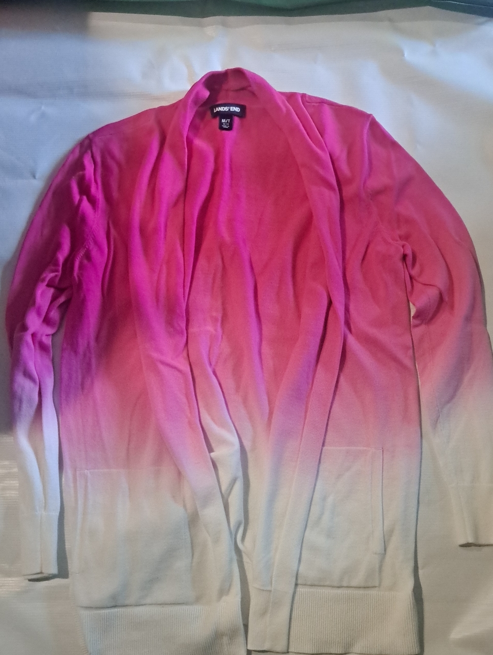 Lands' End Pink to Cream Ombre Open-Front Cardigan Medium Tall 10 12